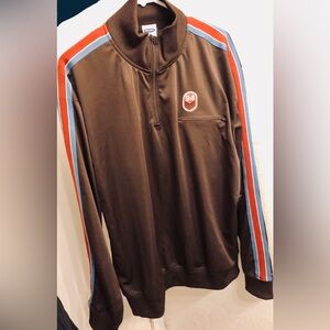 Retro Y2K Old Navy Brown 1/4 Zip Track Jacket Blue Red Striped Sleeves